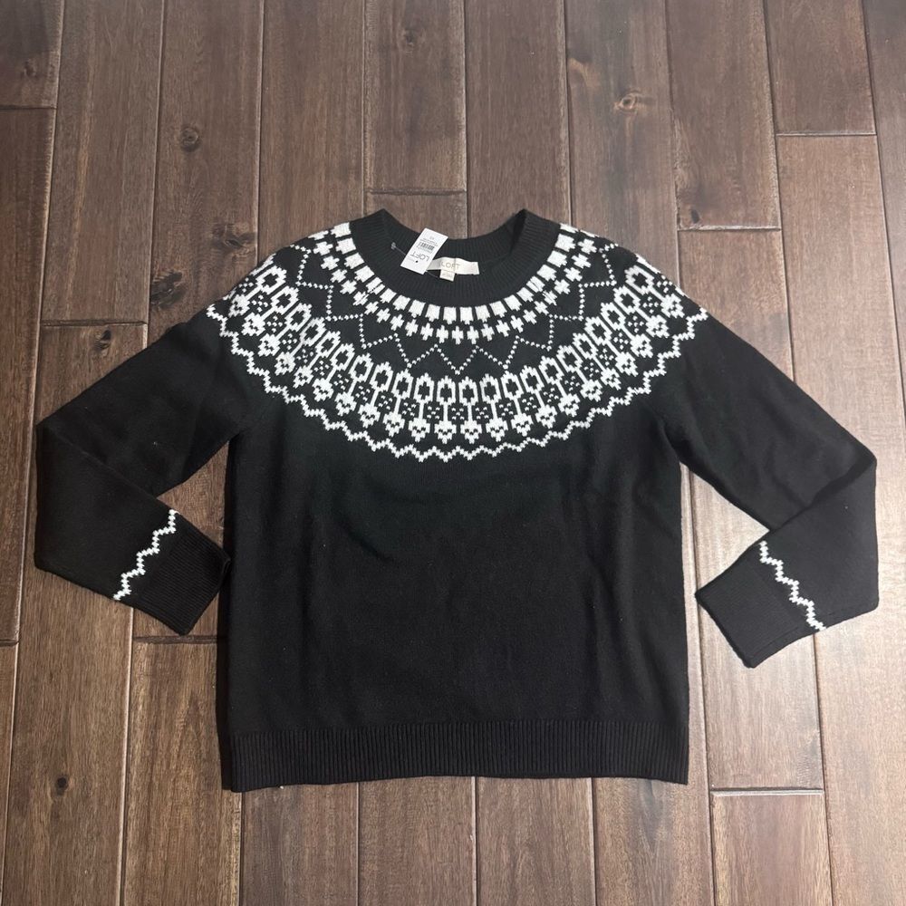 LOFT Black & White Fair Isle Crewneck Apres Ski Sweater XS NWT